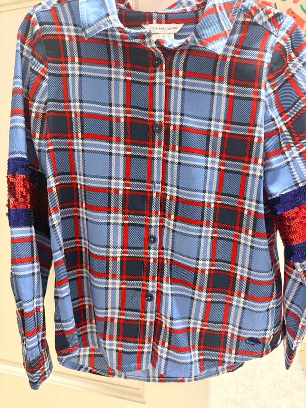 GIRLS-Little Marc Jacobs Blue Plaid Button-Down Shirt with Red and Black Accents